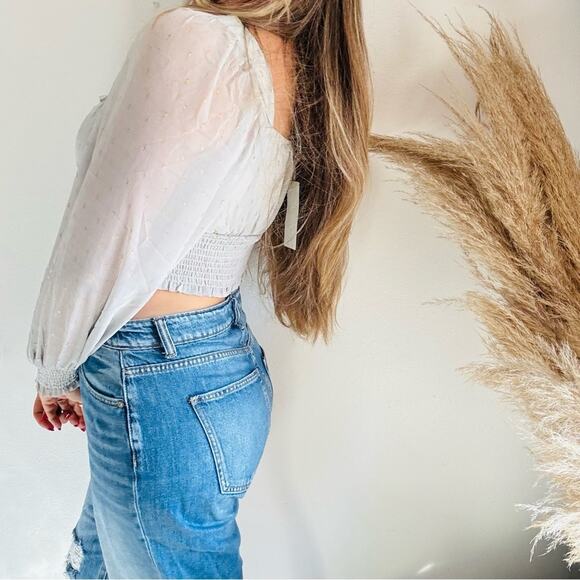 NEW BY THE RIVER Grey Gold Metallic Polka Dot Long Sleeve $88 Crop Top Blouse S - Picture 5 of 16